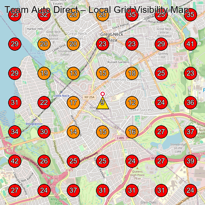 Team Auto Direct GeoGrid visibility map for Used Car Dealer in Great Neck